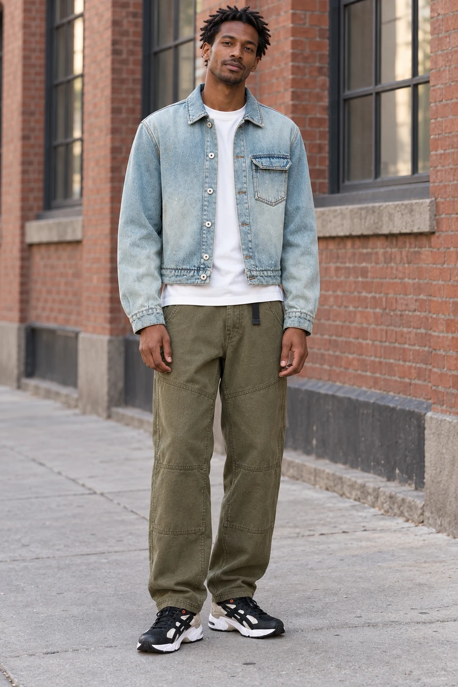 An adult man wears a pale blue denim jacket, white tee and olive canvas trousers with black and cream trainers in New York.