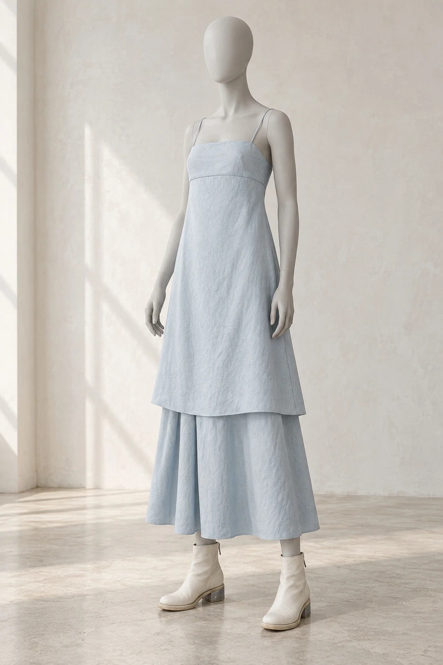 A faceless display mannequin in a Toronto showroom. A pale blue RUOHAN dress falls in two long layers above white Guidi boots with silver heels.
