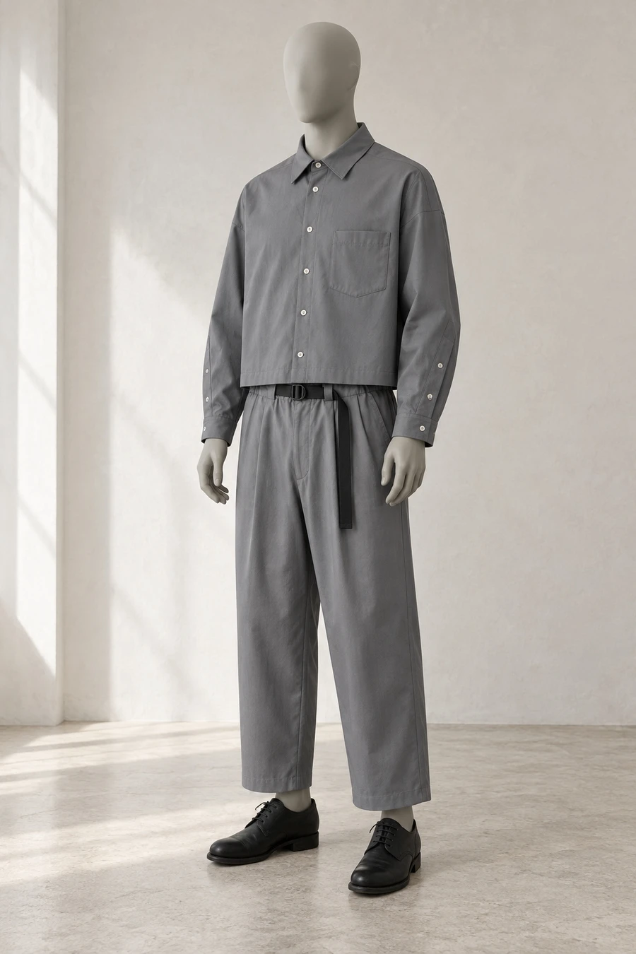 A faceless display mannequin in a London showroom. A cropped grey UJOH shirt meets matching trousers with a black belt and black Guidi derbies.