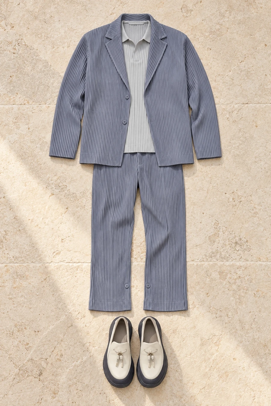 Blue grey pleated tailoring and a pale grey polo are laid out above cream tassel loafers on pale stone.