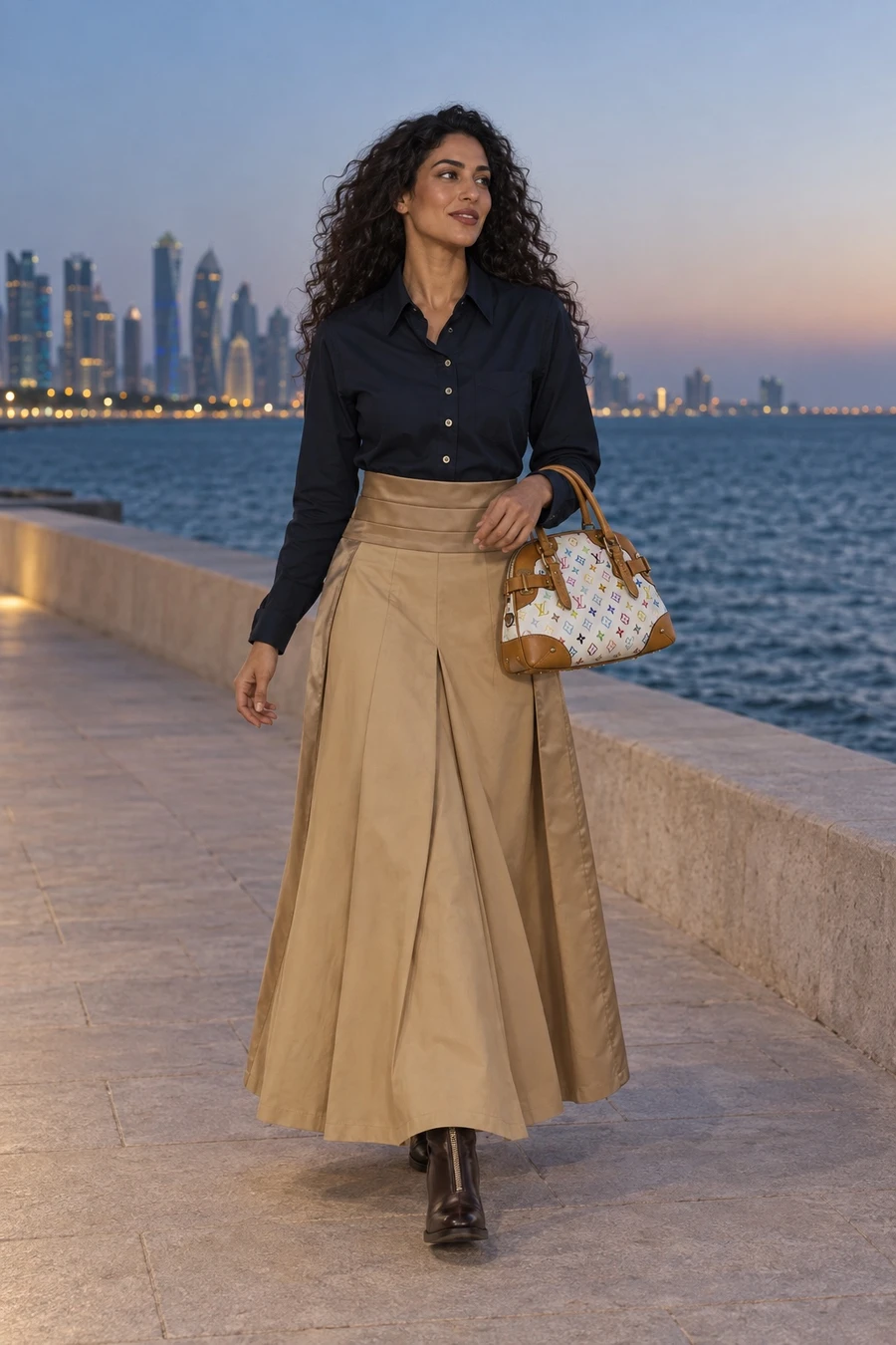 A Moroccan woman in a navy Undercover shirt, camel maxi skirt and dark brown Guidi boots carries a Louis Vuitton Claudia bag on the Doha Corniche at blue hour.