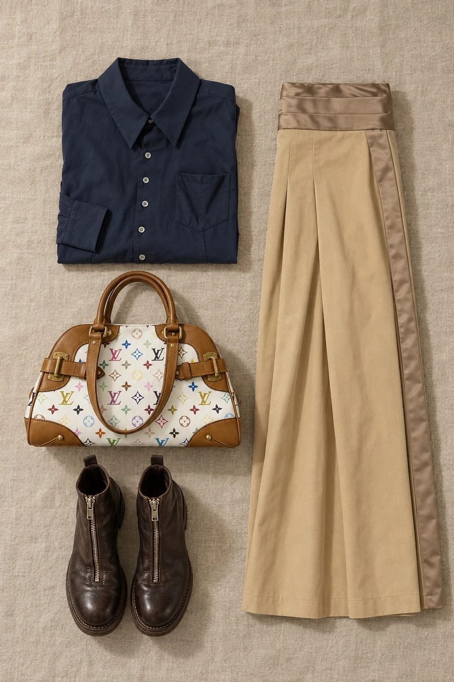 Blue hour on the Corniche. Flat lay of a dark navy Undercover shirt, a camel skirt, dark brown Guidi boots and a white Louis Vuitton bag.