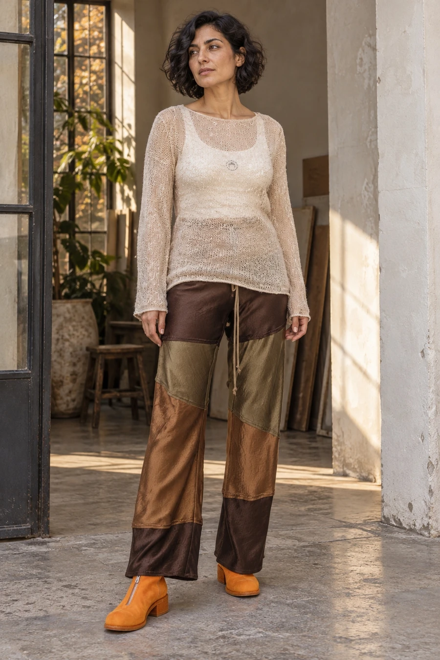 An adult woman wears a pale open knit over a white tank, brown and olive patchwork trousers and orange Guidi boots in London.