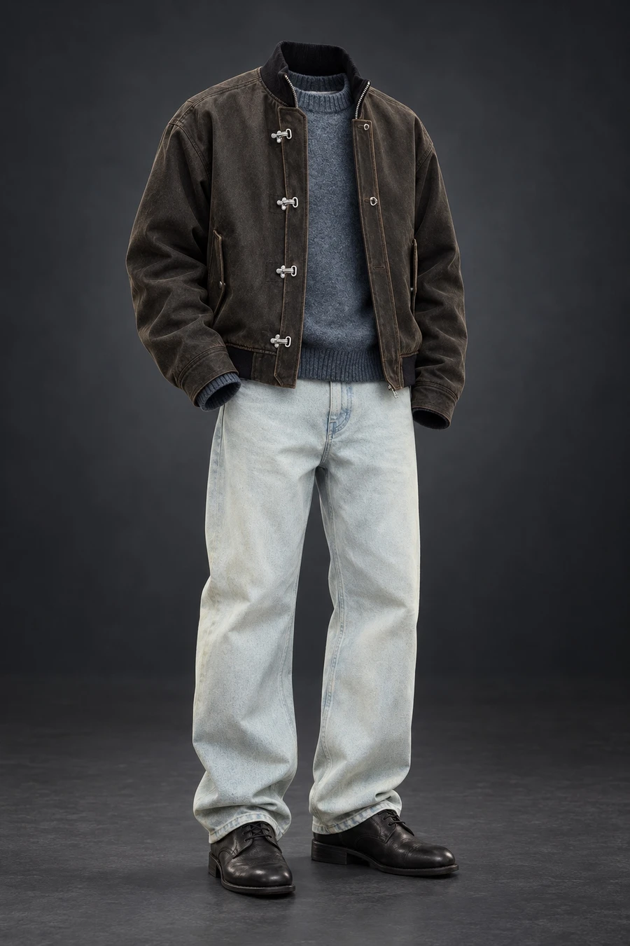 Silver clasps fasten a dark brown COOR bomber above ice blue jeans and black Guidi derbies. The complete outfit stands against a dark studio background.
