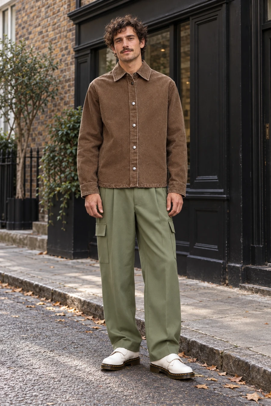 An adult man wears a brown cotton jacket, khaki wool cargo trousers and low white strap shoes on a London street.