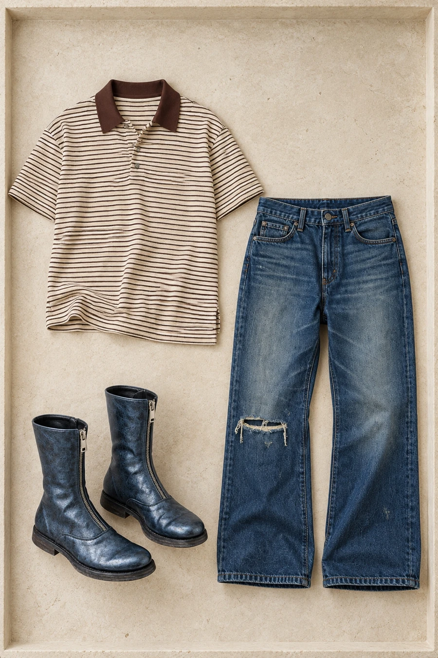 A brown striped COOR polo, washed indigo jeans and metallic blue Guidi boots.