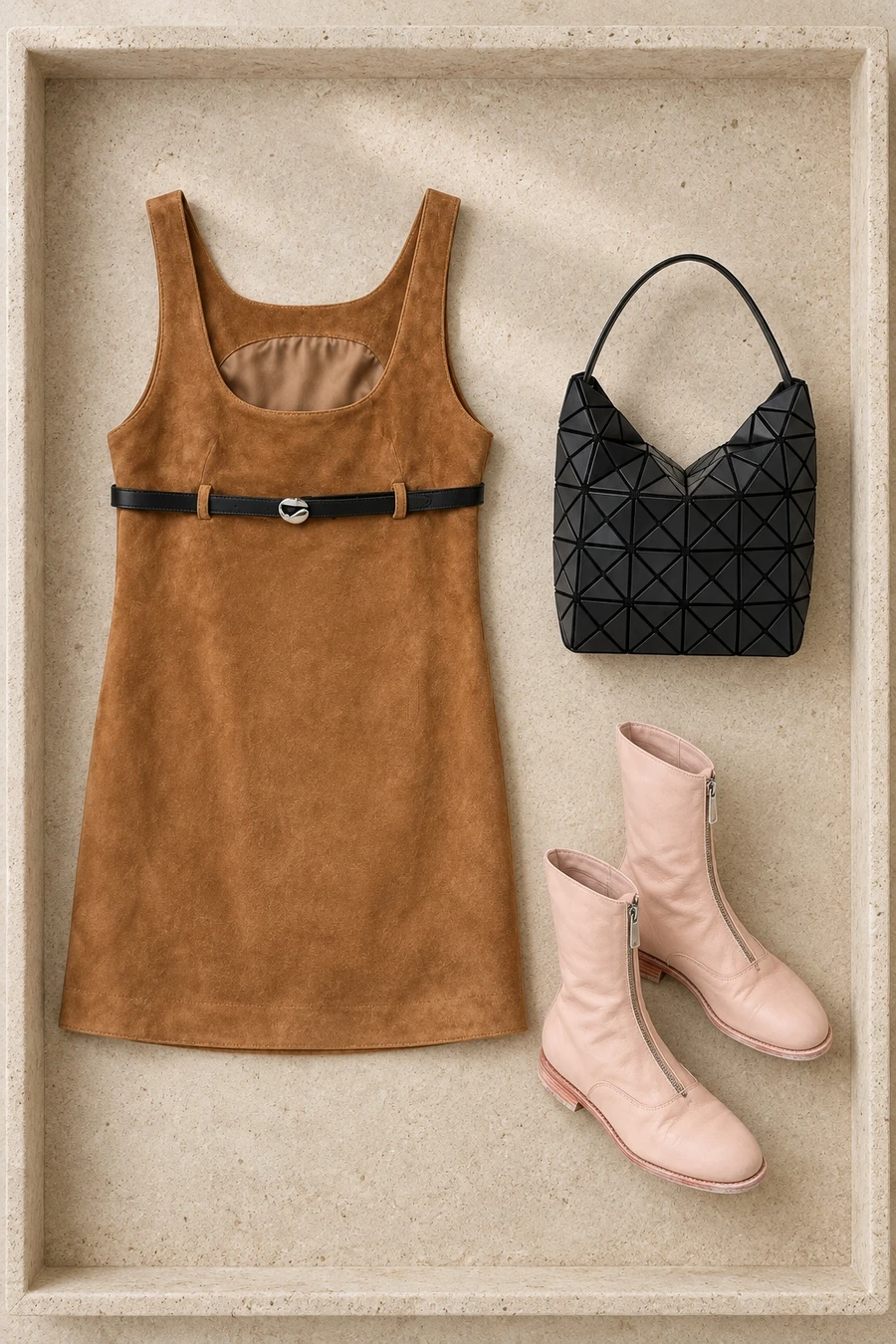A tray holds a brown belted Coperni suede mini dress, a pair of blush Guidi boots and a small black Bao Bao bag.