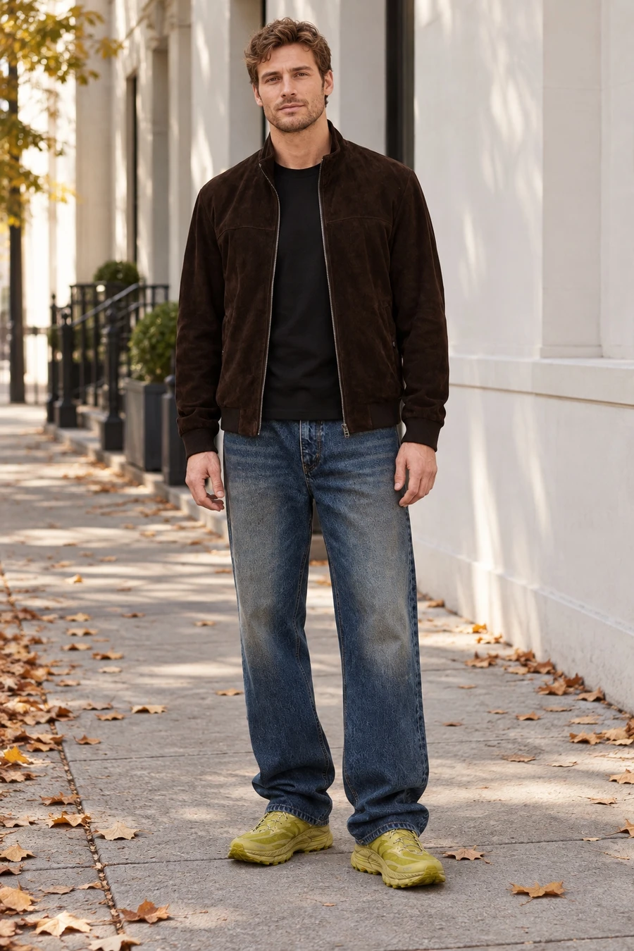 An adult man wears a brown suede jacket, black tee and washed indigo jeans with yellow trail shoes in New York.