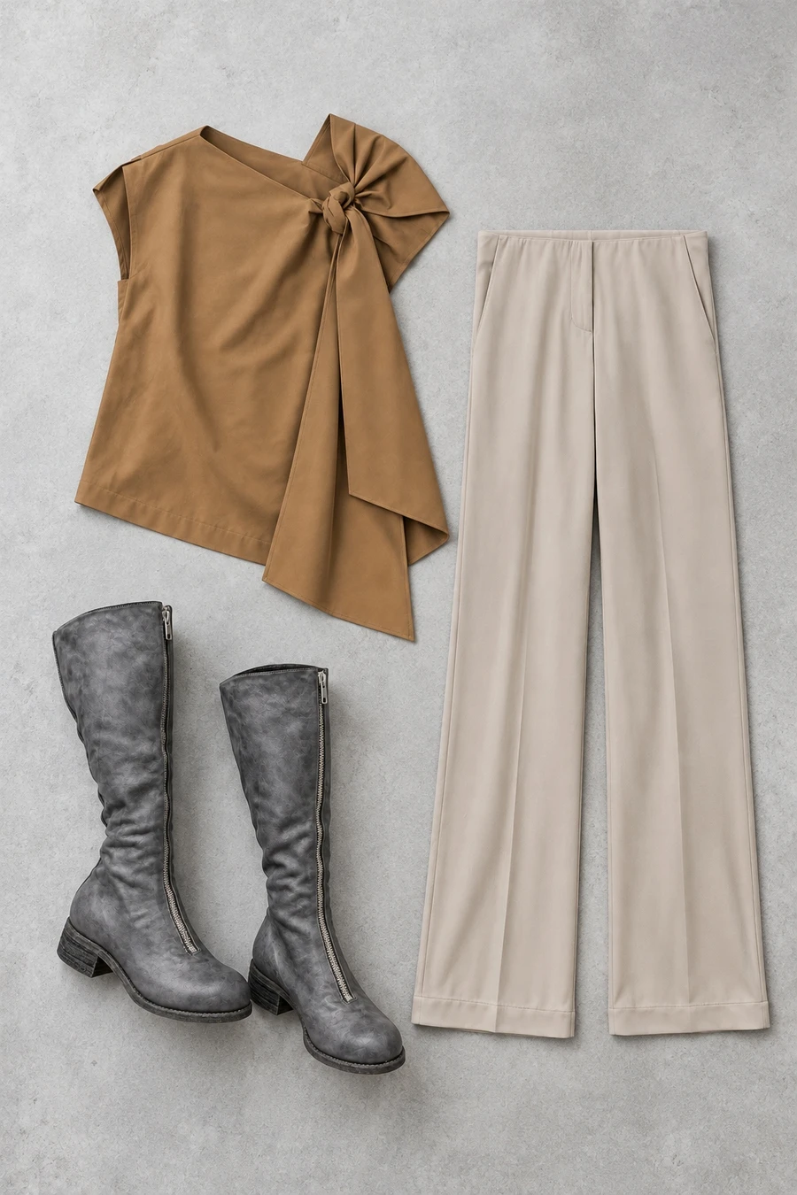 A brown UJOH blouse, dune Helmut Lang trousers and grey Guidi boots for a Tribeca afternoon.