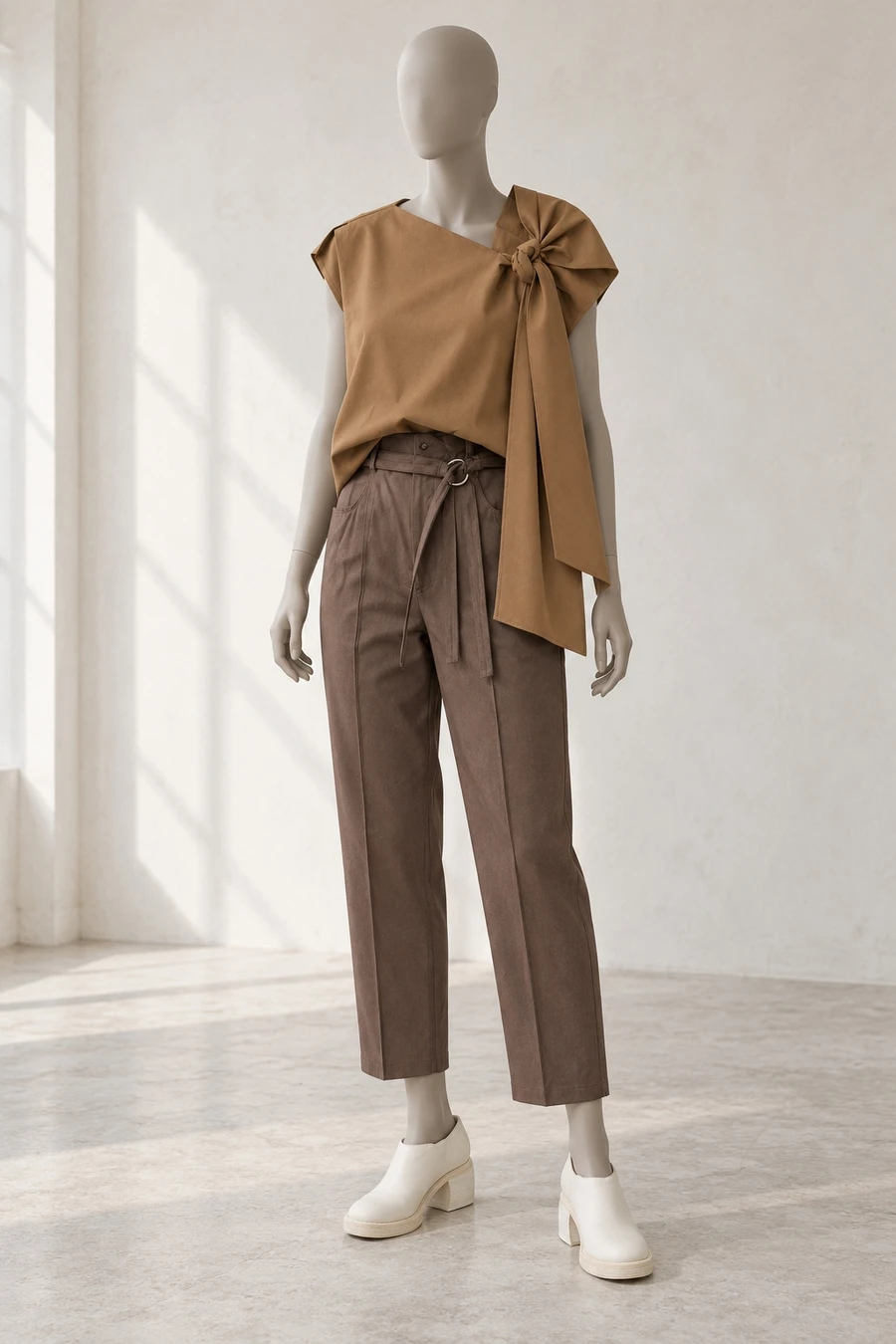 A faceless display mannequin in a Tokyo showroom. Long shoulder ties fall from a brown UJOH blouse over mocha trousers and white Guidi shoes.