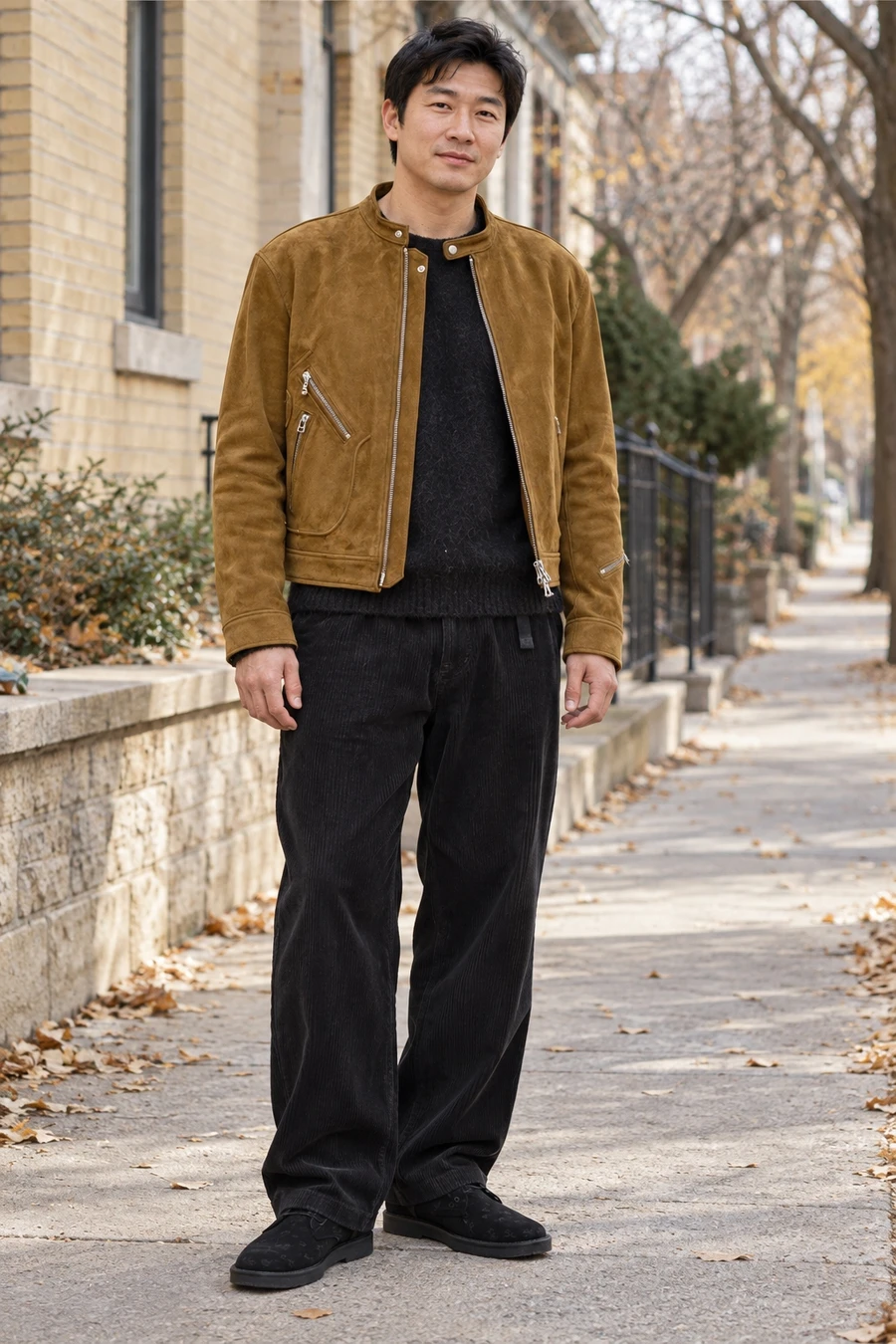 An adult man wears a camel biker jacket, black knitwear and black corduroy trousers with suede boots in Toronto.