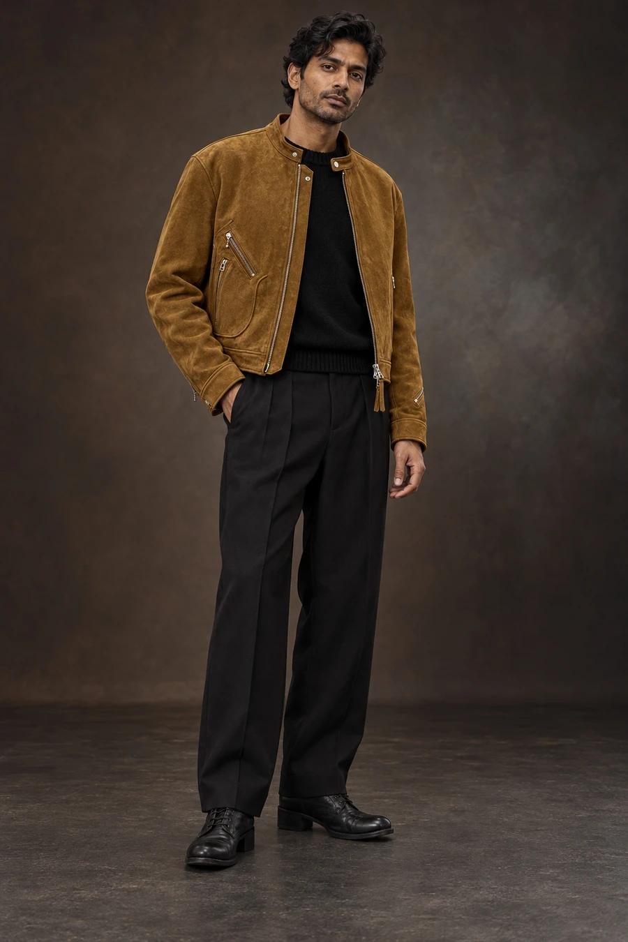 An ochre camel COOR leather jacket meets black knit, wide UJOH pleats and black Guidi boots. A man stands against a dark studio background.