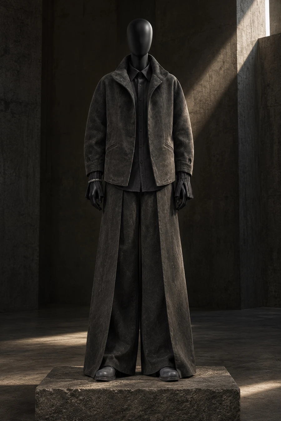 A black display mannequin in a RUOHAN charcoal jacket and wide trousers over a Litkovska graphite shirt, with grey Guidi derbies, on a stone plinth in a concrete gallery.