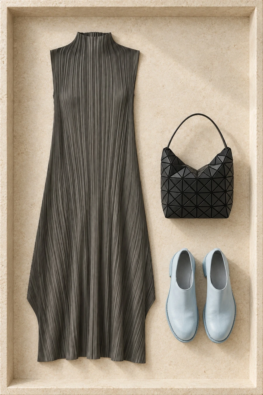 A charcoal Pleats Please dress, pale blue Guidi shoes and a black Bao Bao handbag for a Ginza afternoon.