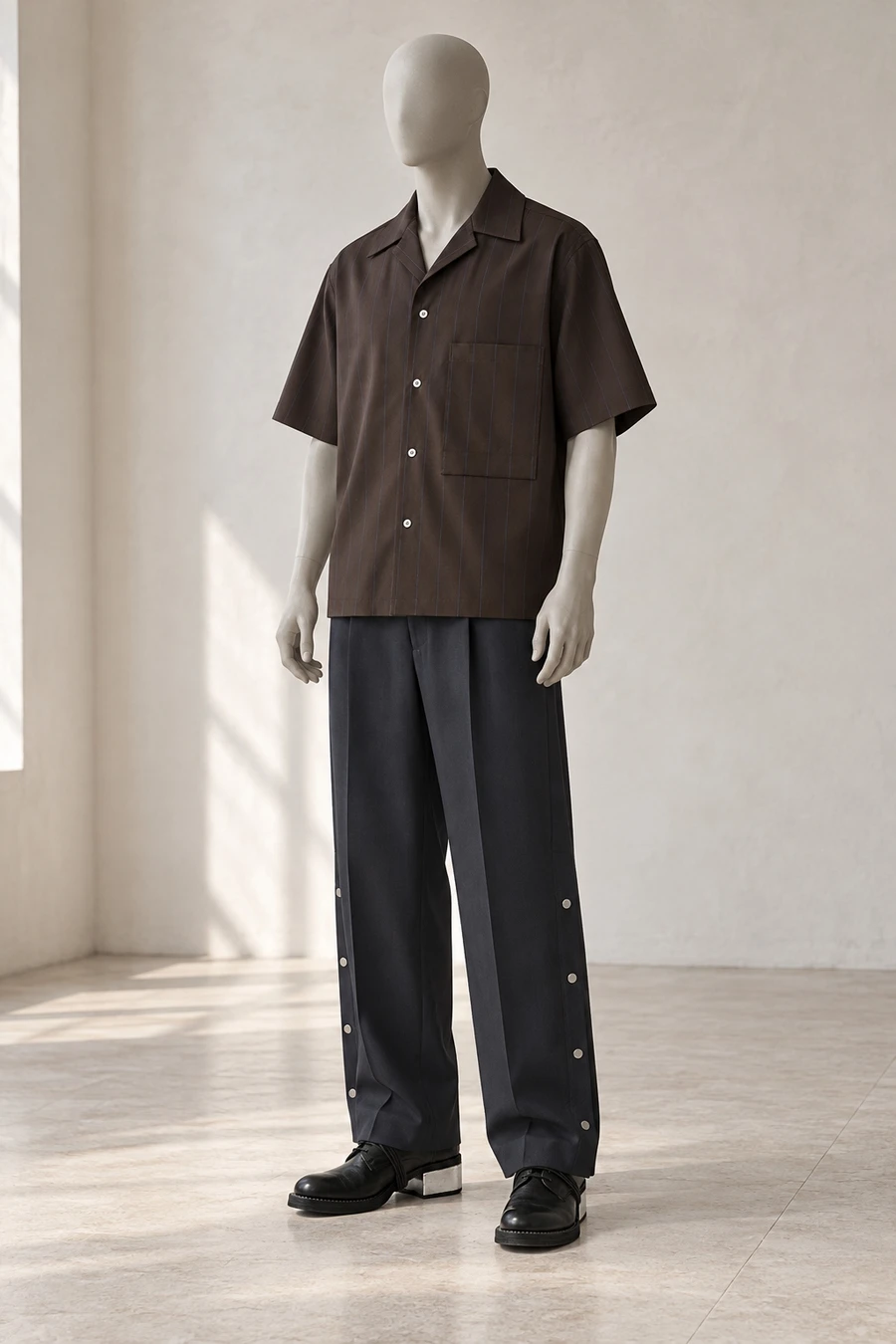A faceless display mannequin in a New York showroom. A brown UJOH pinstripe shirt sits above navy trousers with silver snaps and Guidi shoes with metal heels.