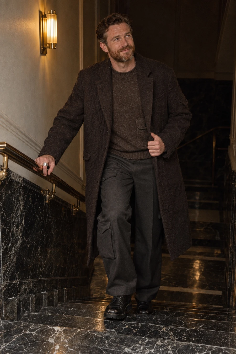 A Scottish man in a chocolate COOR wool coat, a brown sweater, charcoal Kody Phillips trousers and Guidi derbies climbs a marble stair in a London club.