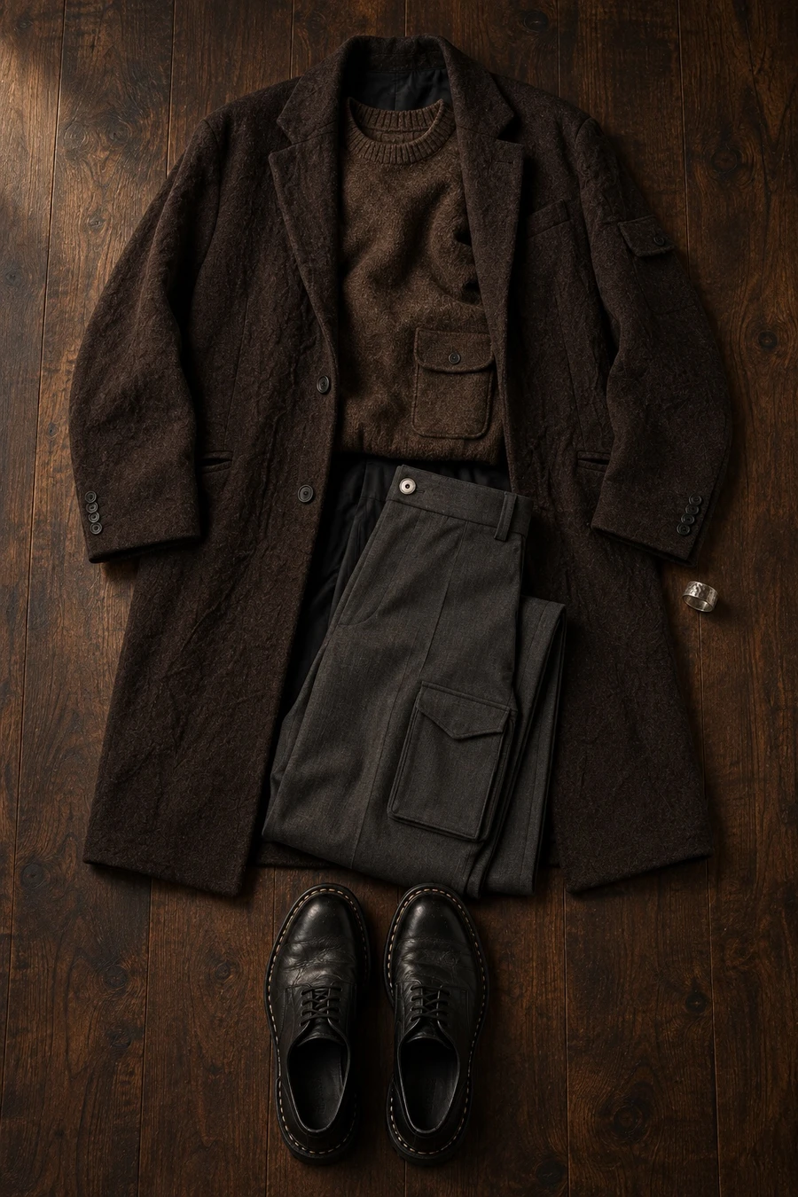 Chocolate brown at the members' club. Flat lay of a brown COOR coat, a brown sweater, charcoal Kody Phillips trousers and black Guidi derbies.