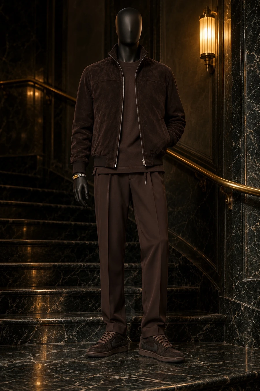 A faceless black mannequin wears a Herno suede jacket, a UJOH long sleeve and Herno trousers in chocolate brown, with brown Jordan 1 Lows, on a marble staircase.