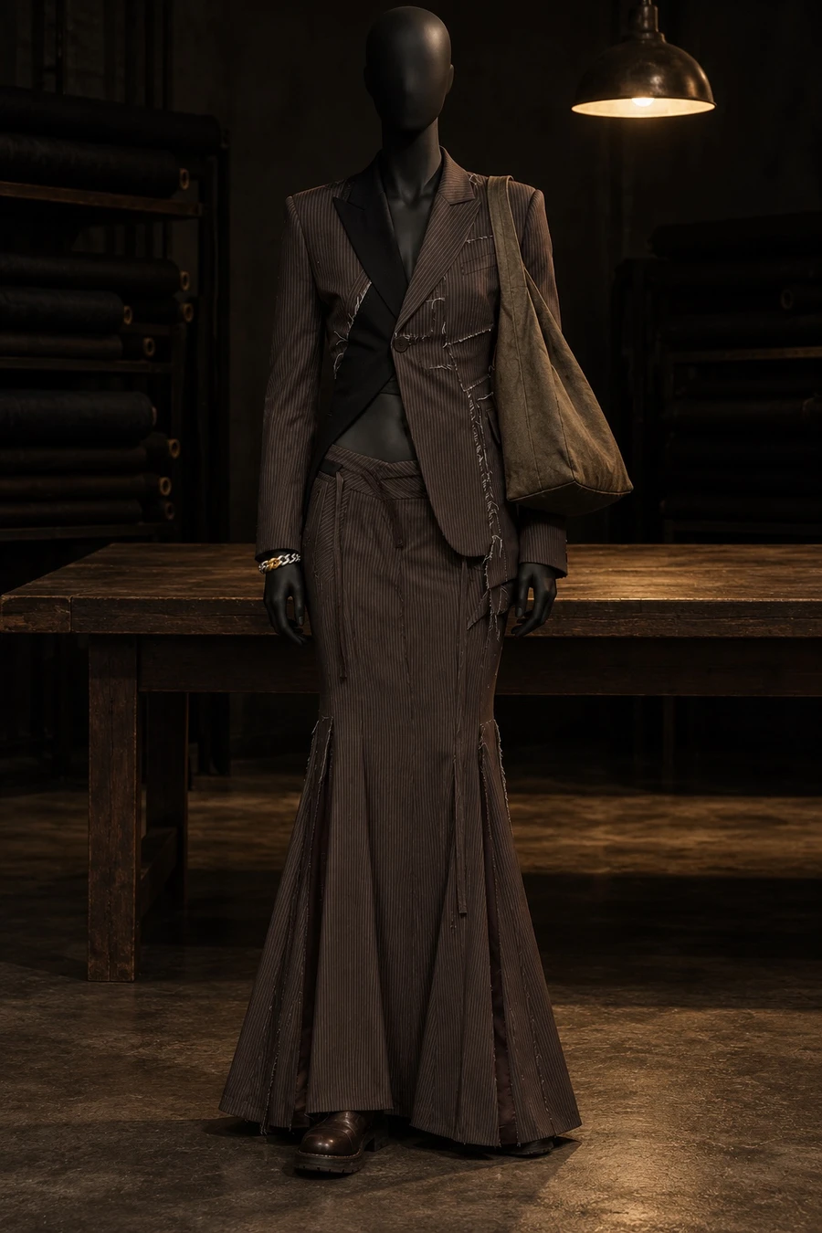 A black display mannequin in an Ottolinger chocolate pinstripe blazer and mermaid skirt, with Guidi brown boots and a RUOHAN bag, in a dark workroom.