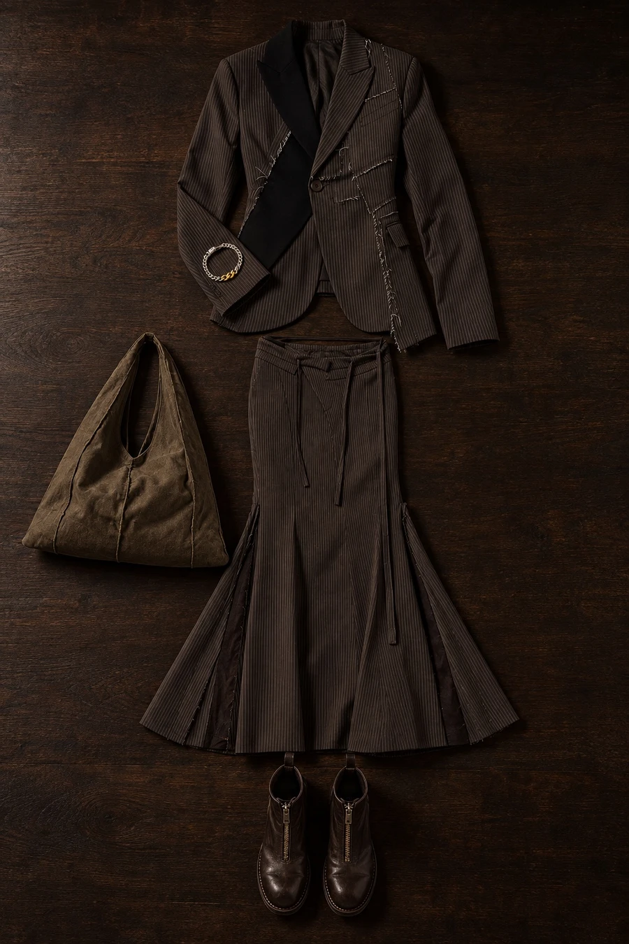 Chocolate pinstripe for December. Flat lay of a chocolate brown Ottolinger blazer, a chocolate skirt, dark brown Guidi boots and a brown RUOHAN bag.