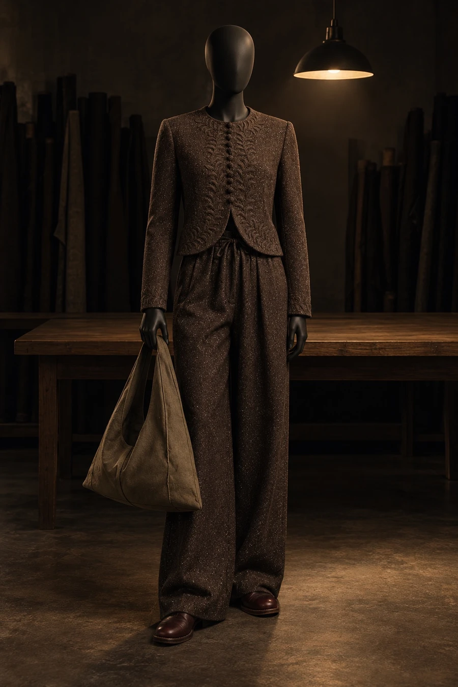 A black display mannequin in an INTO THE EAST chocolate tweed jacket and wide trousers, burgundy Guidi shoes and a RUOHAN hobo, beside an oak table in a dark workroom.