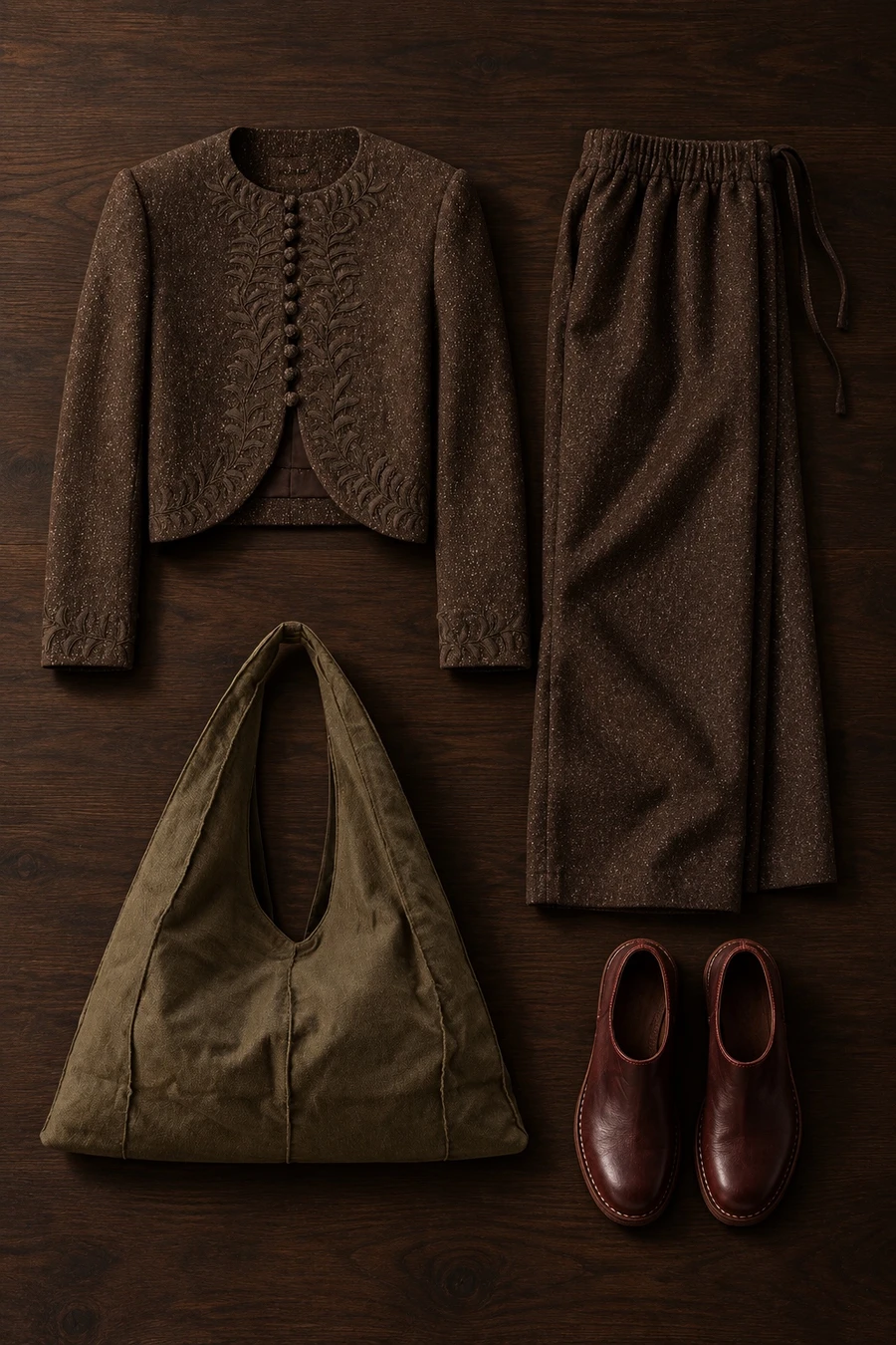 Chocolate tweed for Sunday brunch. Flat lay of a chocolate brown INTO THE EAST jacket, chocolate brown trousers and burgundy Guidi shoes.