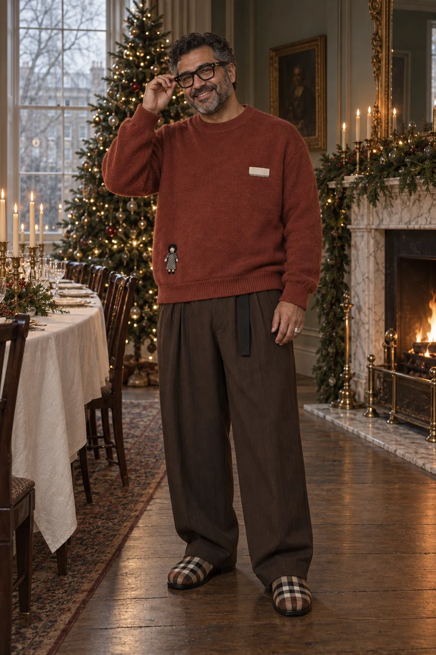 A Palestinian British man in a rust Song for the Mute sweater, chocolate UJOH trousers and Burberry check slippers smiles by a Christmas tree in a London dining room.