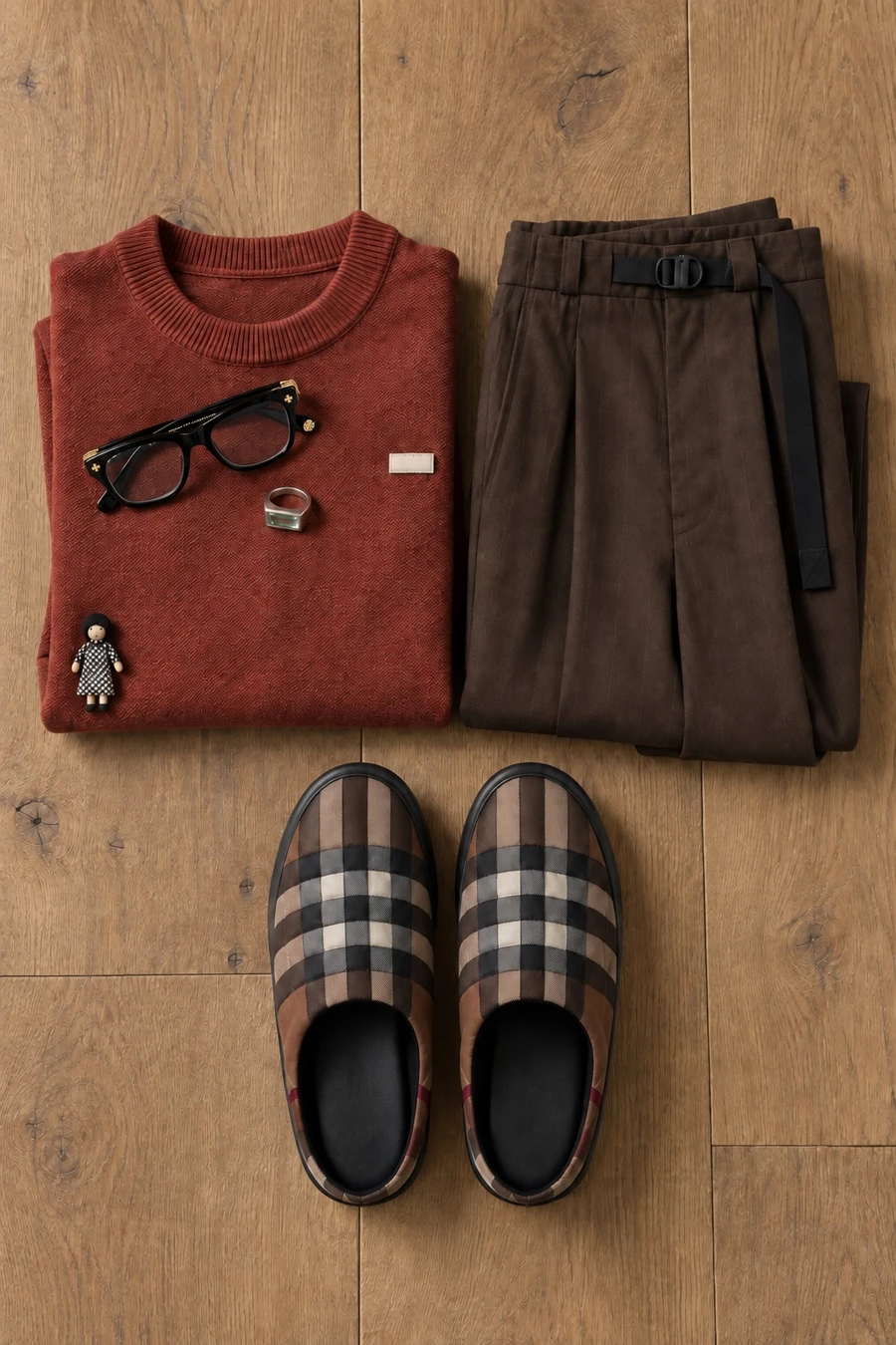 Christmas dinner in London. Flat lay of a rust Song for the Mute sweater, chocolate UJOH trousers and brown Burberry slippers.