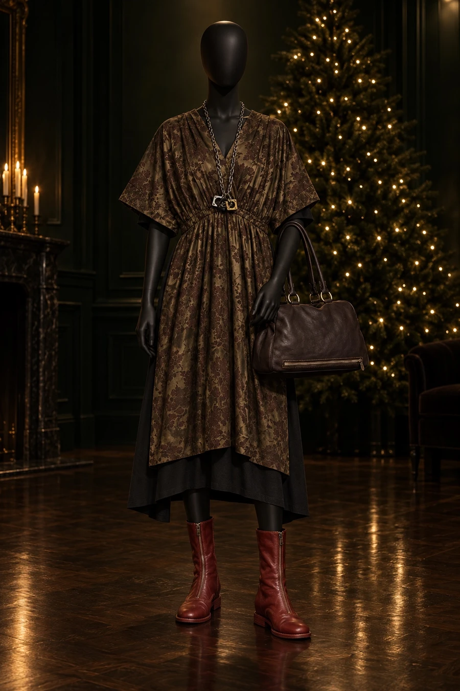 A black display mannequin in an olive brocade MM6 midi dress, red Guidi boots and a long Louis Vuitton chain, with a dark Guidi bag on its arm, in a dark green drawing room with a lit tree.