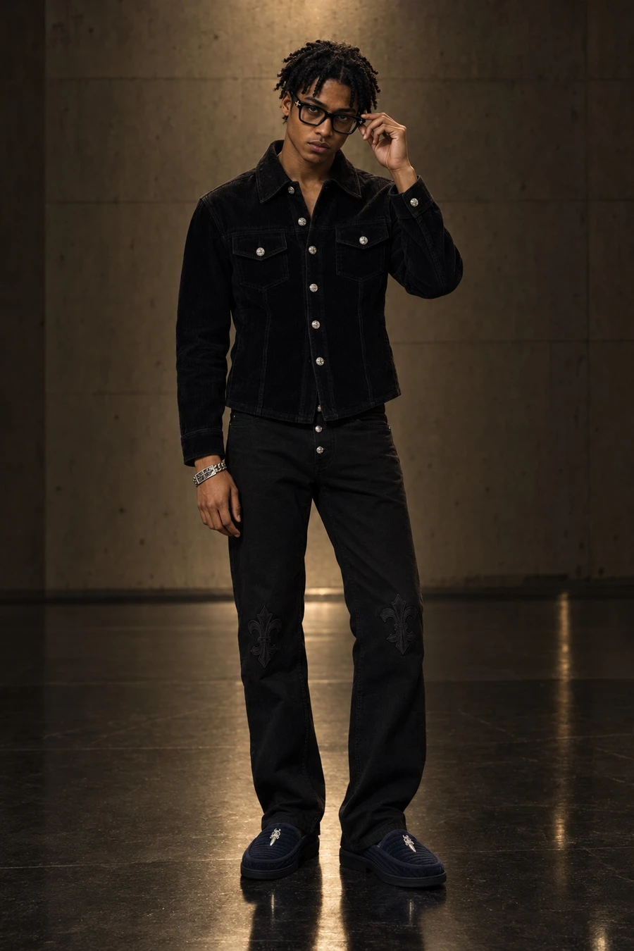A man in a black Chrome Hearts corduroy jacket with silver buttons, black Chrome Hearts jeans, navy dagger loafers, Chrome Hearts glasses and a silver ID bracelet stands in a dark gallery.