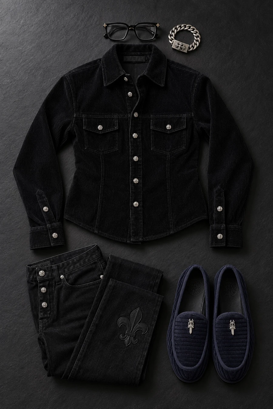 Chrome Hearts, collar to loafer. Flat lay of a black Chrome Hearts jacket, black jeans, navy loafers, black glasses and a silver bracelet.