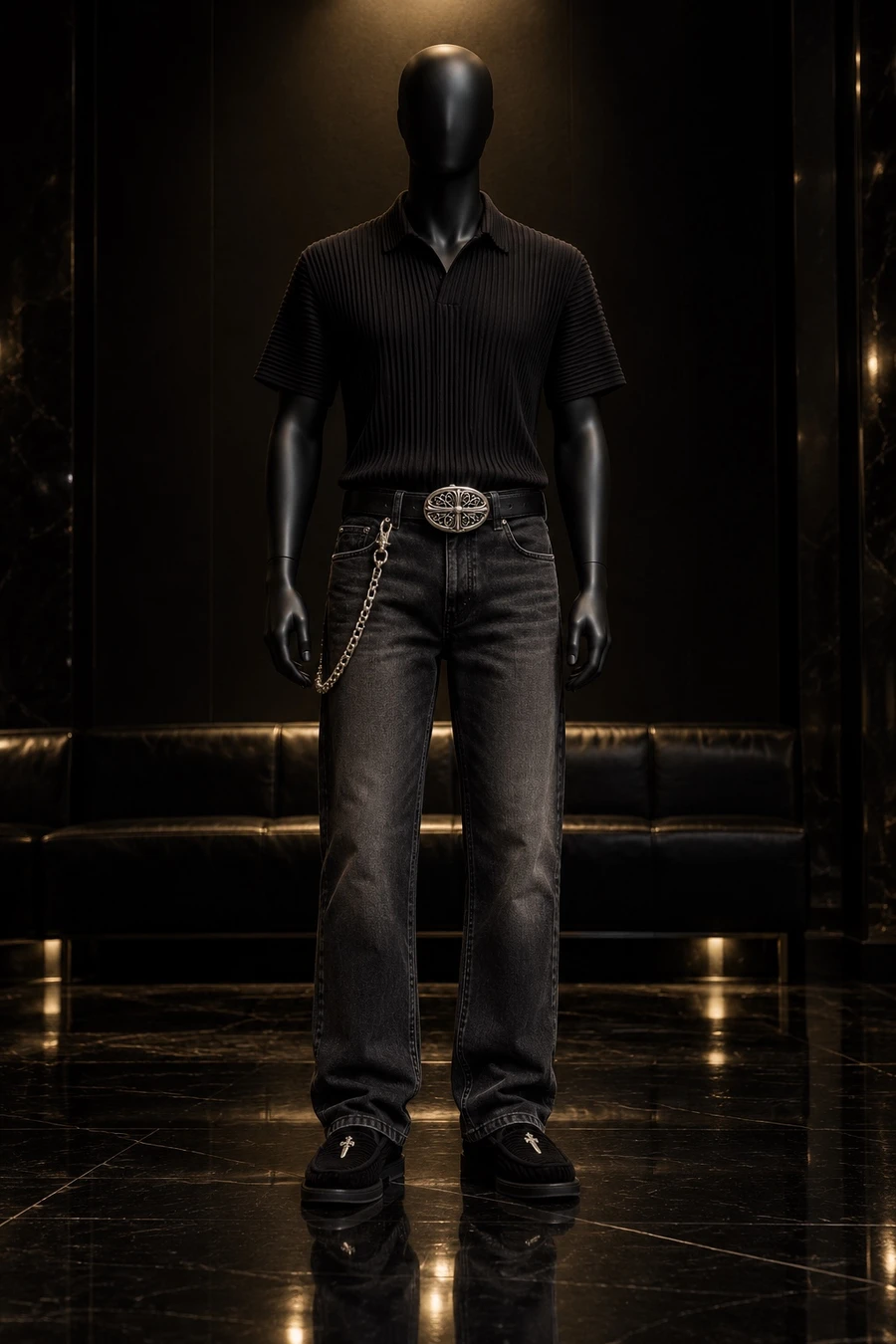 A faceless black mannequin wears a black pleated polo and COOR jeans with a Chrome Hearts belt, wallet chain and corduroy loafers in a lacquered salon.