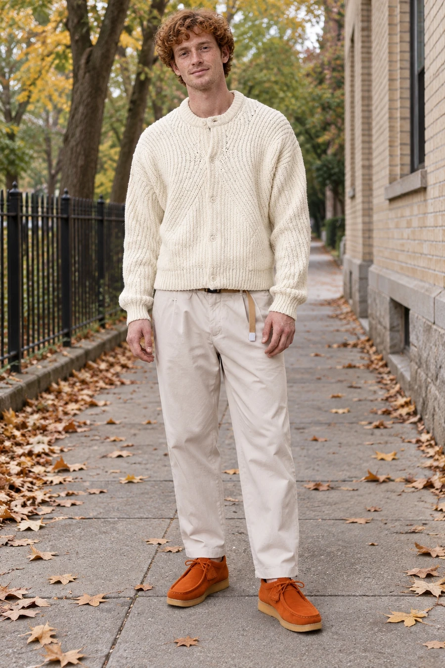 An adult man wears a cream rib cardigan and pale beige trousers with orange suede shoes beside a Toronto park.