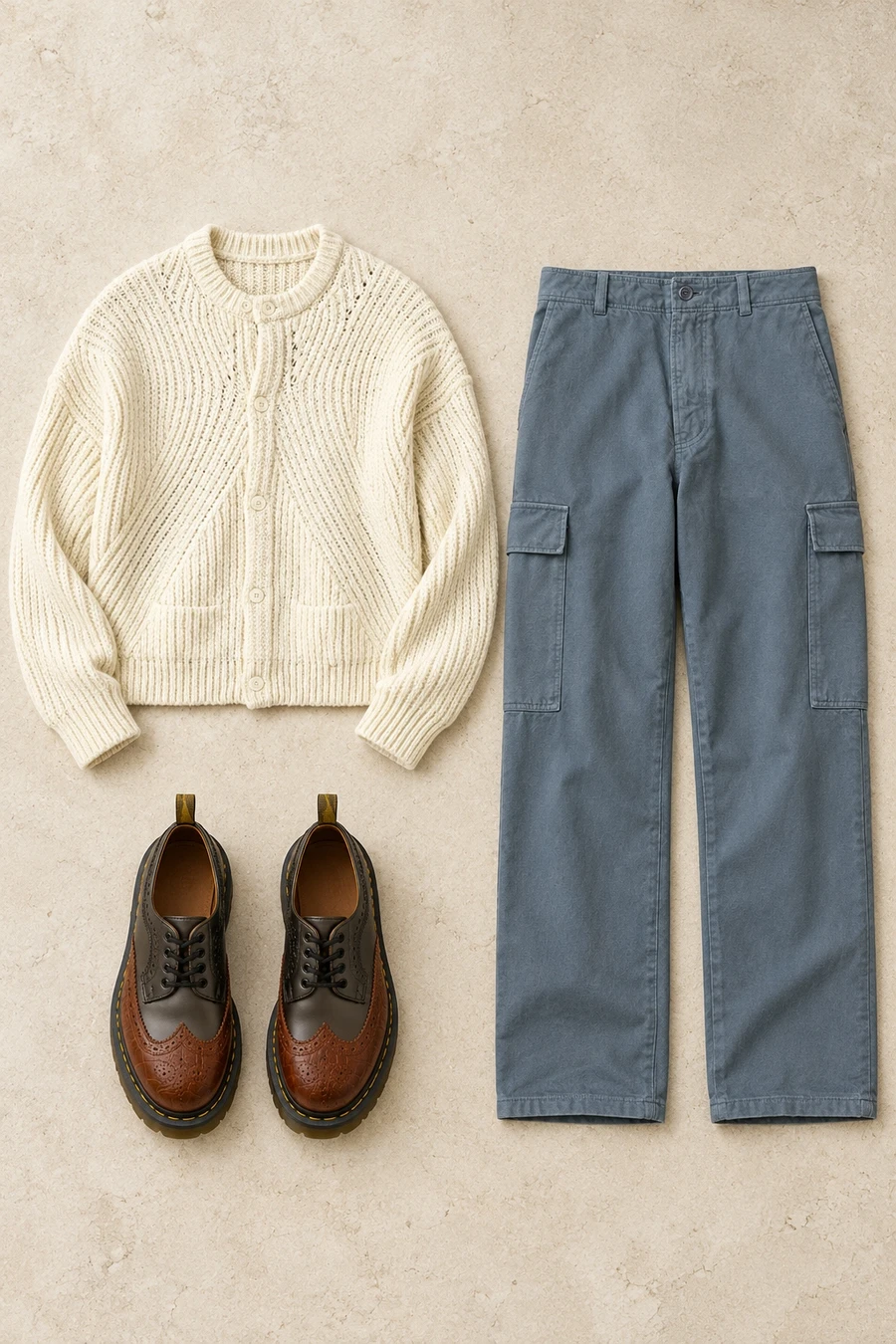 A cream COOR cardigan, grey cargo trousers and Dr. Martens brogues in brown and grey leather.