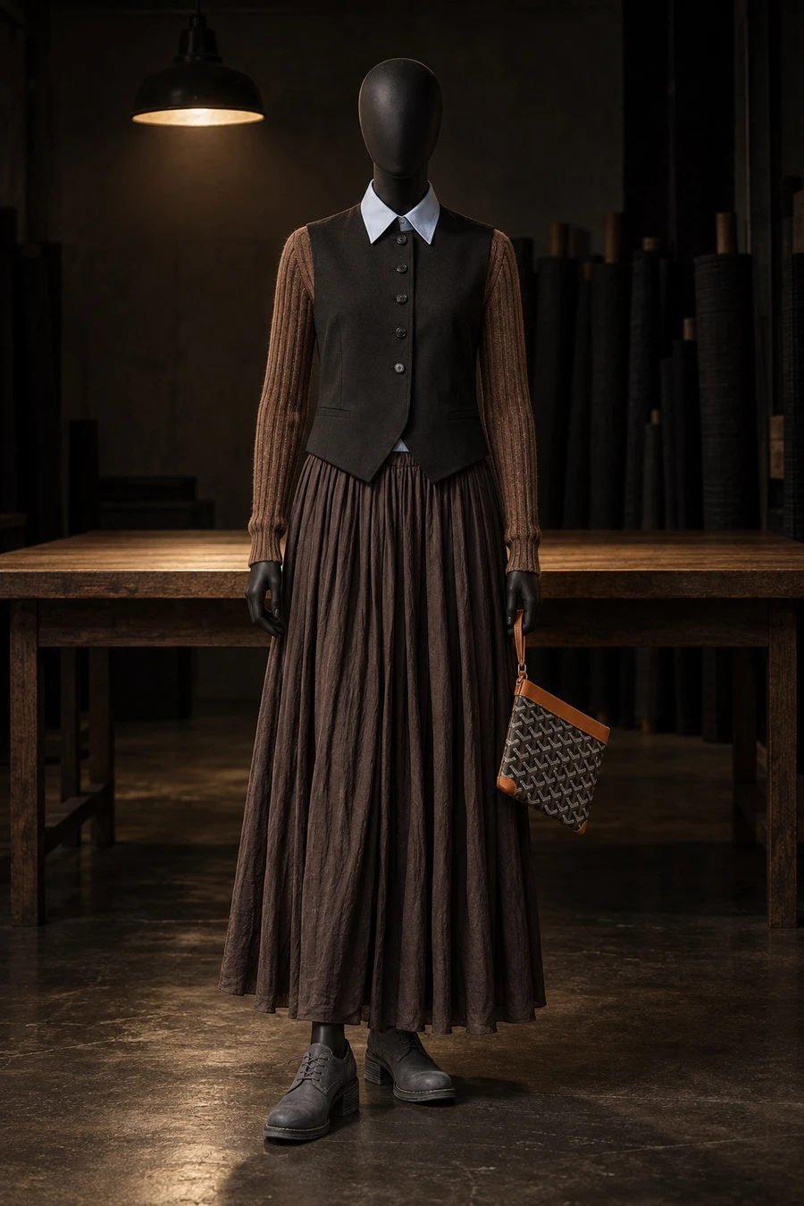 A black display mannequin in an INTO THE EAST vest, a blue Litkovska shirt, a coffee pleated skirt and grey Guidi derbies stands in a dark workroom.