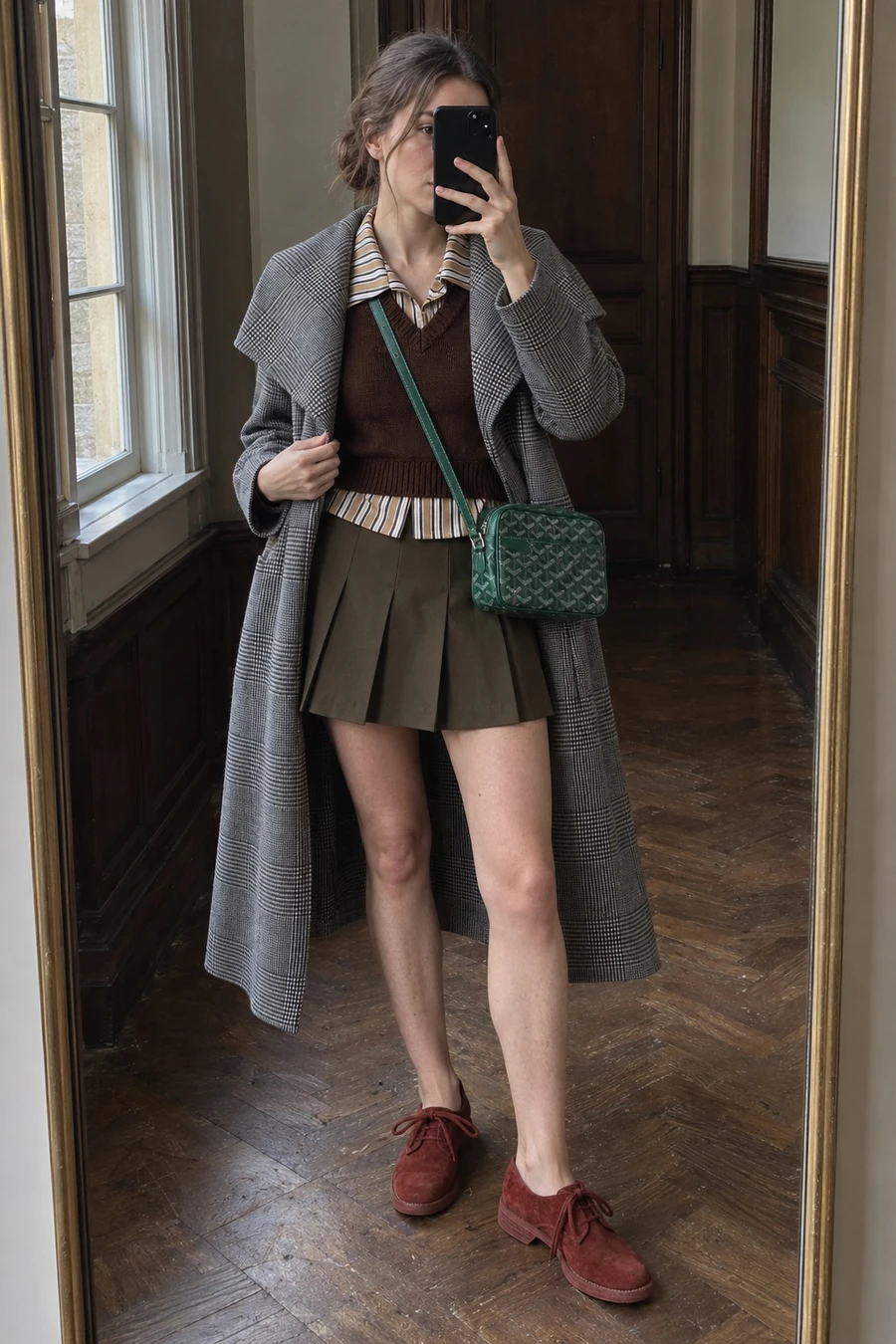 A woman photographs her reflection in a panelled hallway mirror, wearing a grey check Mackage coat, a brown Charles Jeffrey vest, a Patou pleated skirt and red Guidi derbies.