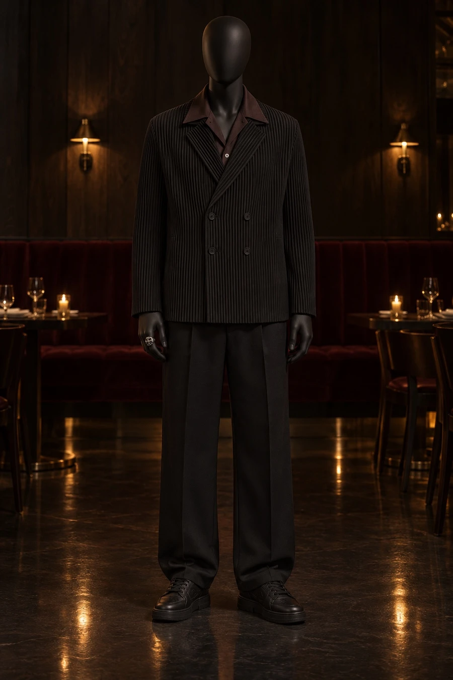 A faceless black mannequin wears a Homme Plissé double breasted jacket, a chocolate UJOH shirt, UJOH trousers, Louis Vuitton trainers and a Chrome Hearts ring in a dining room.