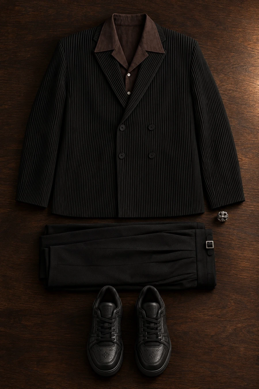 Date night in black and chocolate. Flat lay of a black Issey Miyake jacket, a chocolate UJOH shirt, black trousers and black Louis Vuitton sneakers.