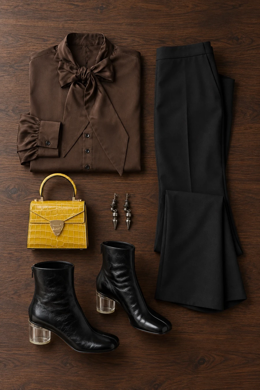 Date night in the Marais. Flat lay of a chocolate brown MM6 shirt, black Nina Ricci trousers, black ankle boots and a lemon Stalvey bag.