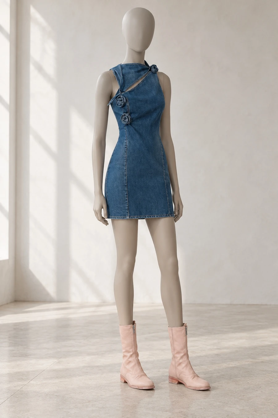 A faceless display mannequin in a New York showroom. Three denim flowers sit across a Coperni mini dress above pale pink Guidi boots.