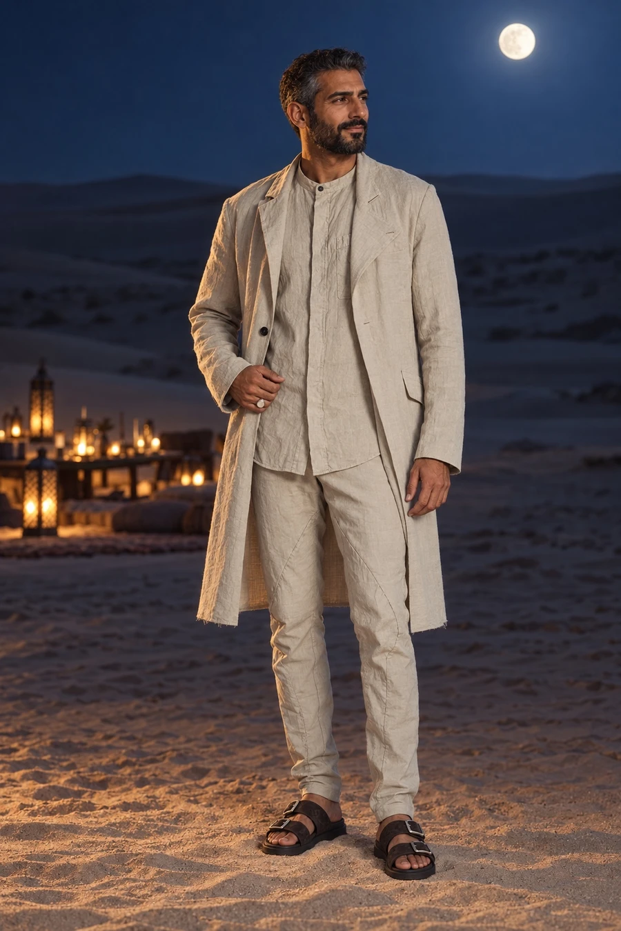 An Emirati man in a long cement Masnada linen coat over a flint stand collar shirt and trousers, Louis Vuitton suede sandals and a Tom Wood ring stands on a dune outside Dubai at night.
