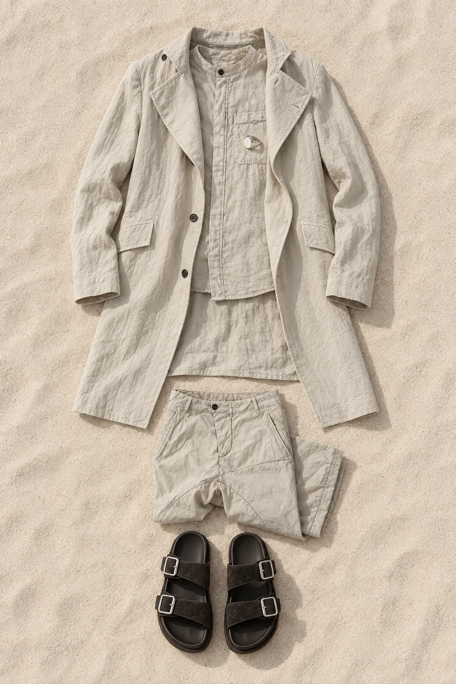 Dinner in the desert. Flat lay of a Masnada trench coat, a shirt, trousers, dark brown Louis Vuitton sandals and a silver Tom Wood ring.
