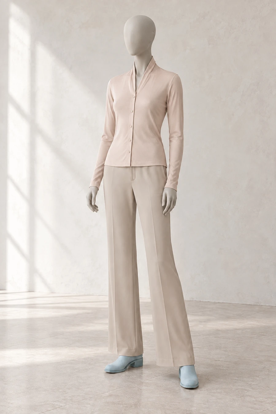 A faceless display mannequin in a Toronto showroom. A pale beige Helmut Lang shirt meets matching flared trousers and aqua Guidi shoes.