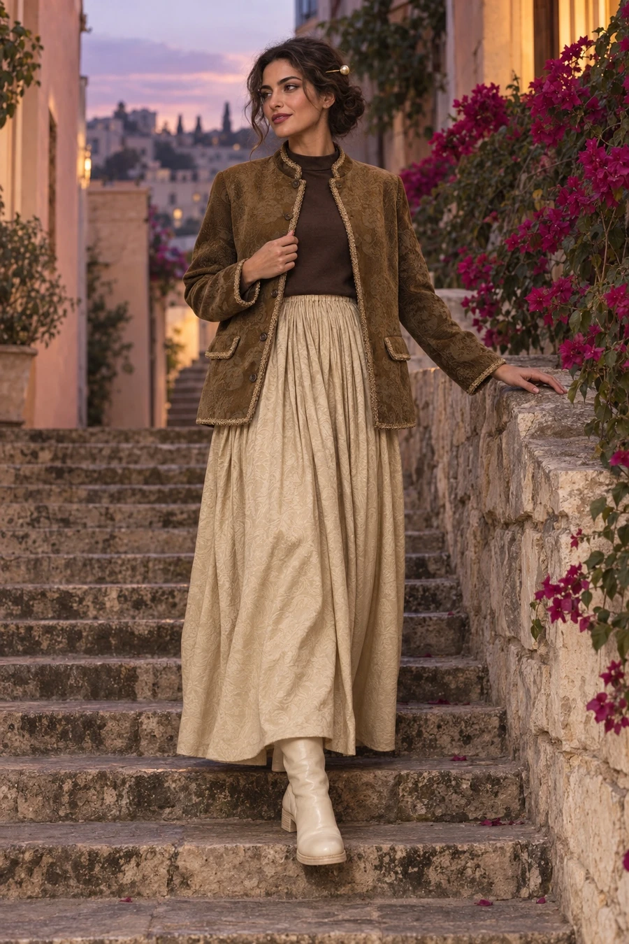 A Lebanese woman in an olive INTO THE EAST jacquard jacket, brown turtleneck, champagne maxi skirt and cream Guidi boots walks down old stone stairs in Beirut at dusk.