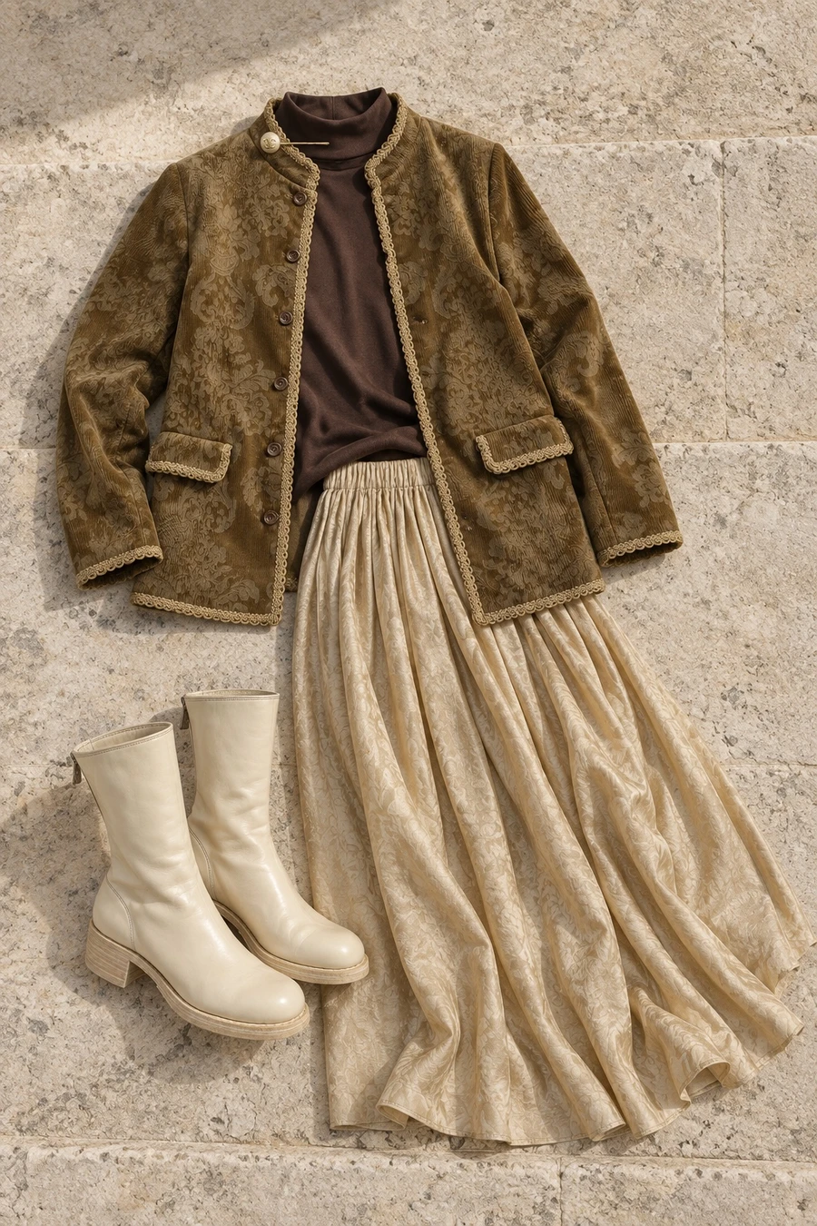 Dusk on the Beirut stairs. Flat lay of an olive INTO THE EAST coat, a dark chocolate brown turtleneck and a pale gold skirt.