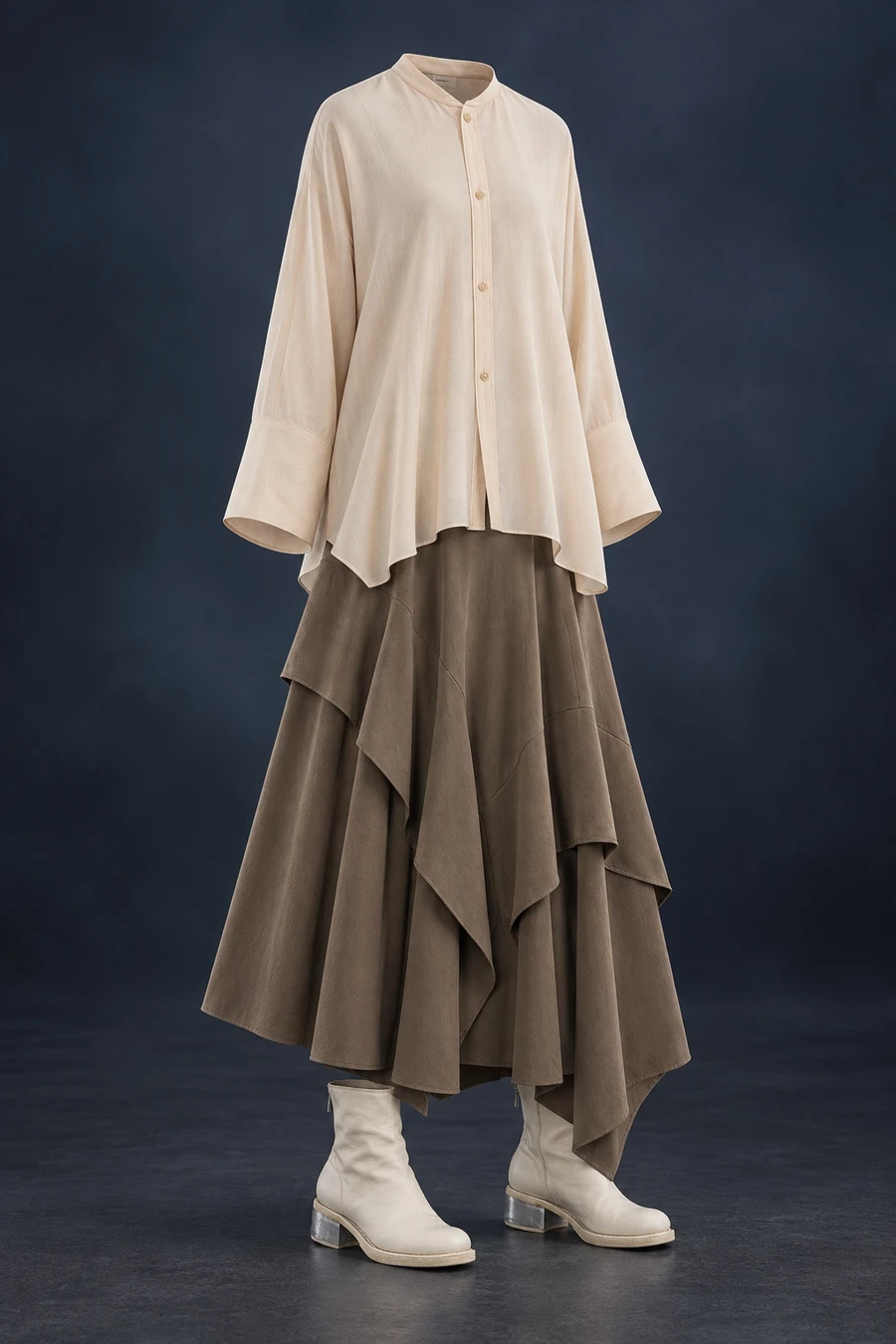 A cream RUOHAN shirt sits above the uneven panels of an olive grey UJOH skirt and white Guidi boots. The complete outfit stands against a dark studio background.