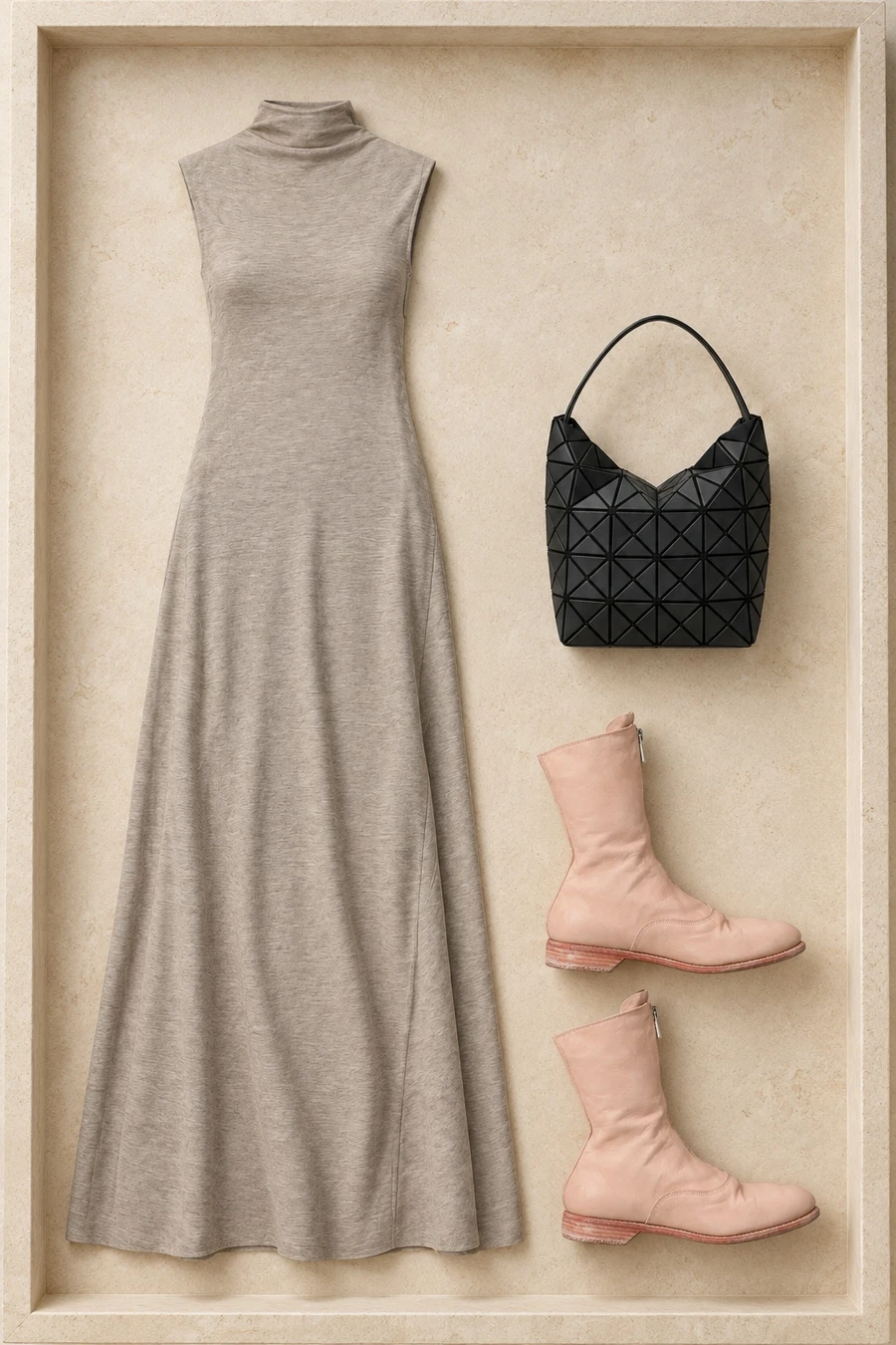 An overhead tray of RUOHAN Patmos Dress Ecru, Guidi 310 Front Zip Boot Pink, BAOBAO Issey Miyake Valley Small Handbag Matte Black.