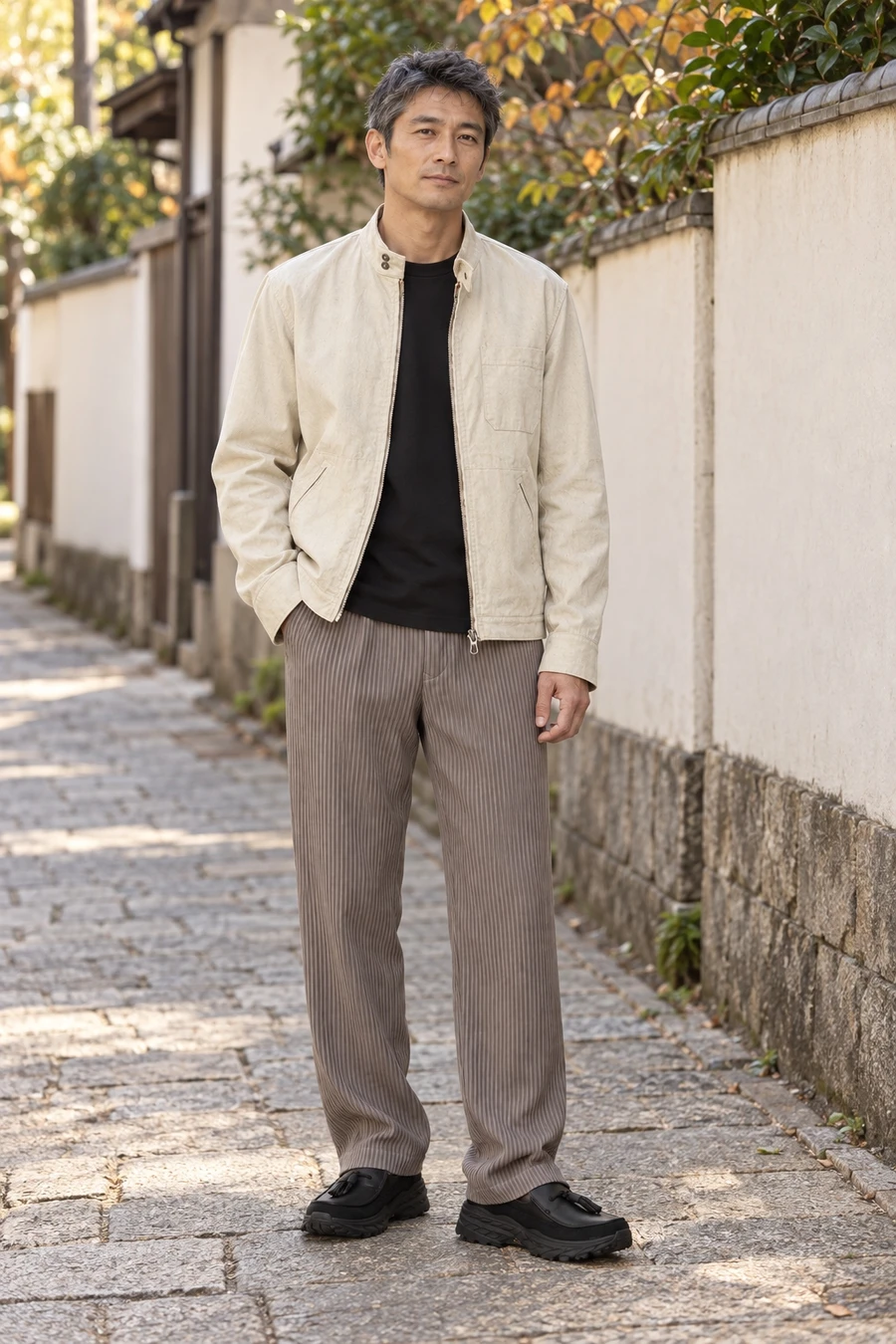 An adult man wears an ecru stand collar jacket, black tee and grey pleated trousers with black tassel loafers in Tokyo.