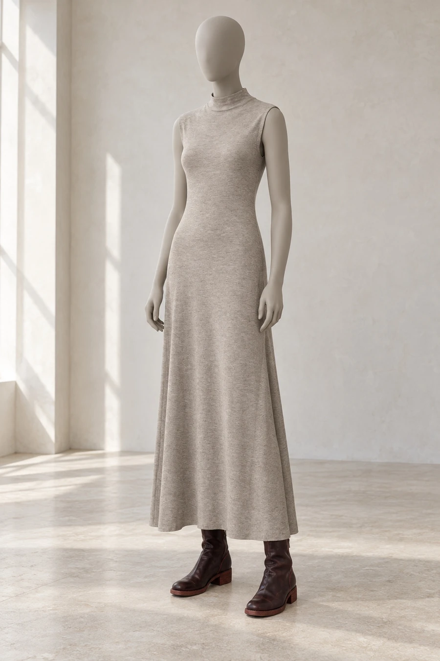 A faceless display mannequin in a London showroom. A grey beige RUOHAN knit dress meets deep burgundy Guidi boots.