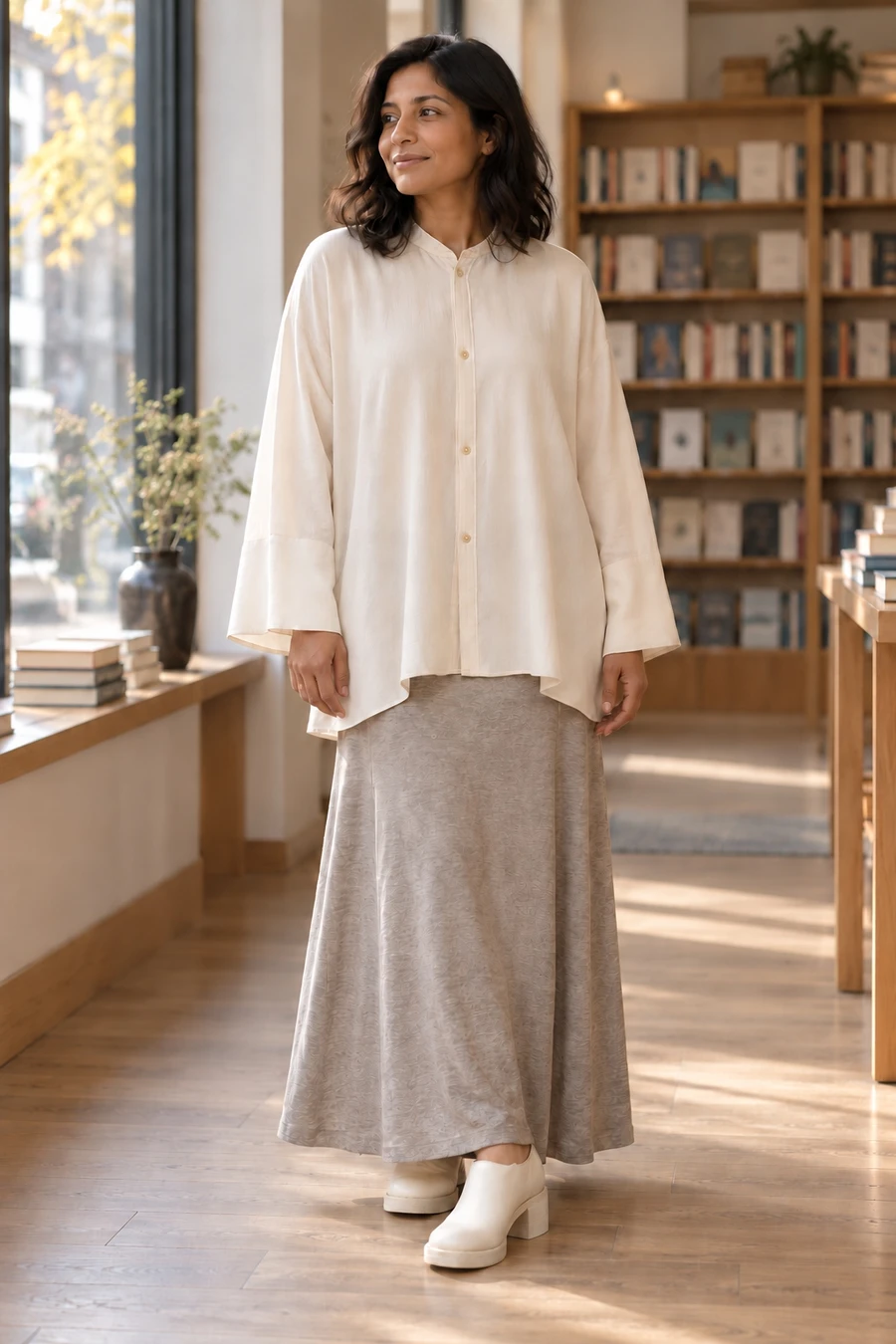 An adult woman wears a pale RUOHAN shirt and long knit skirt with cream Guidi shoes beside a Toronto bookshop window.